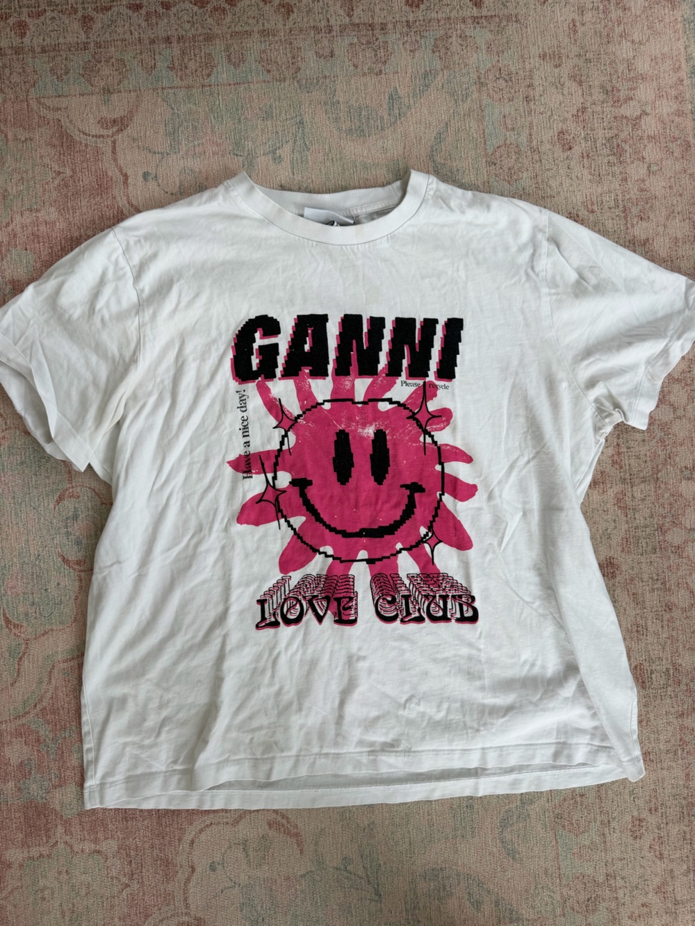 Ganni White Tee with Pink Smiley Sun Graphic